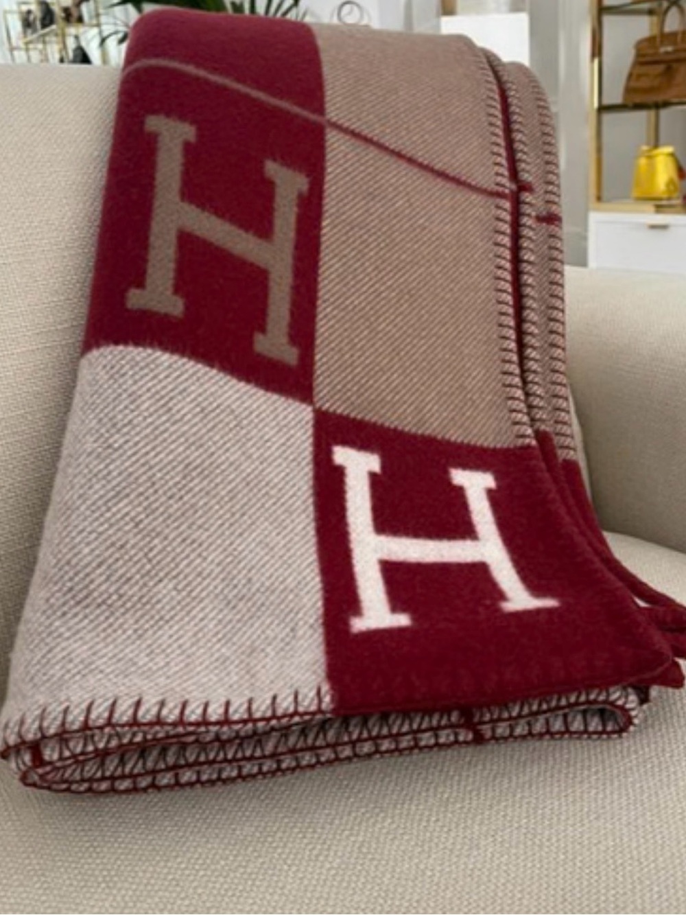 Hermès Avalon III Throw Blanket Rouge H / Ecru Cashmere Wool